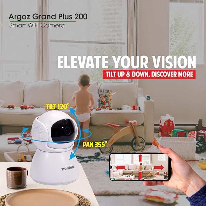 Zebion argoz 200 Full HD WiFi Camera 360 Deg Rotation, 145 Deg Tilting, 64GB Memory Card Slot, Plastic Body,5V Adaptor, WITHMini USB Cable mounting Bracket & Weight: 310 GMS