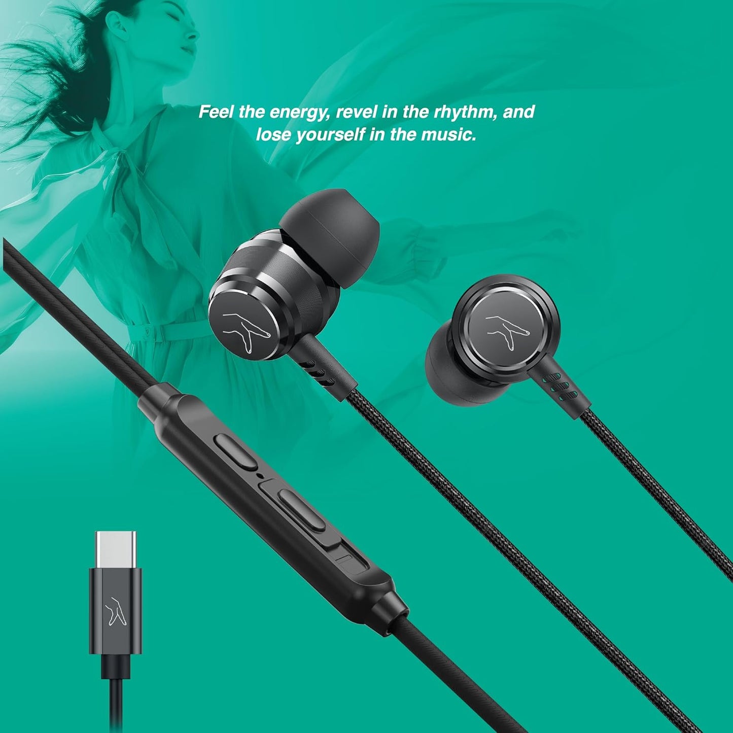 FINGERS Soundbounce Type-C Wired Earphones with Sleek Metal Earbuds, Built-in Mic, Neodymium Driver for Punchy Bass, Angular Earbuds with Anti-Static Gels, Durable Cable, On-Device Controls