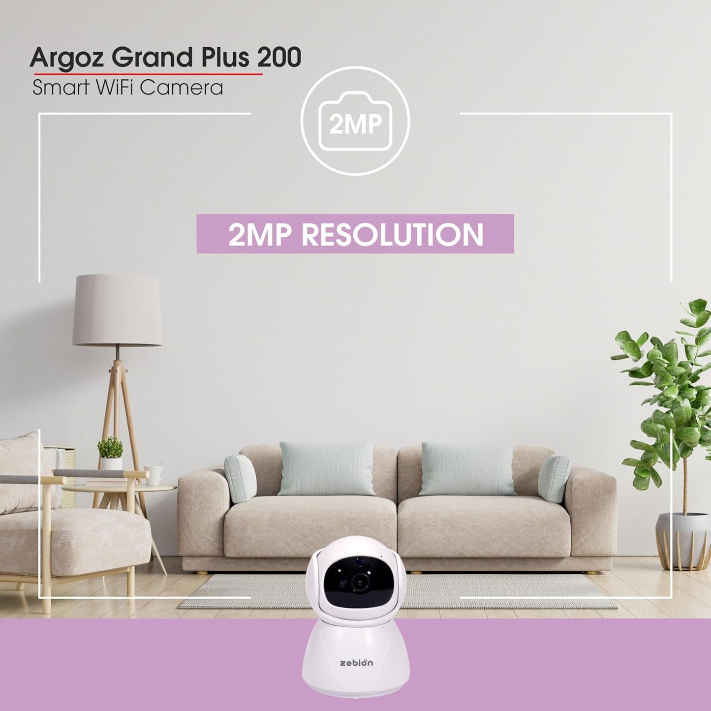 Zebion argoz 200 Full HD WiFi Camera 360 Deg Rotation, 145 Deg Tilting, 64GB Memory Card Slot, Plastic Body,5V Adaptor, WITHMini USB Cable mounting Bracket & Weight: 310 GMS