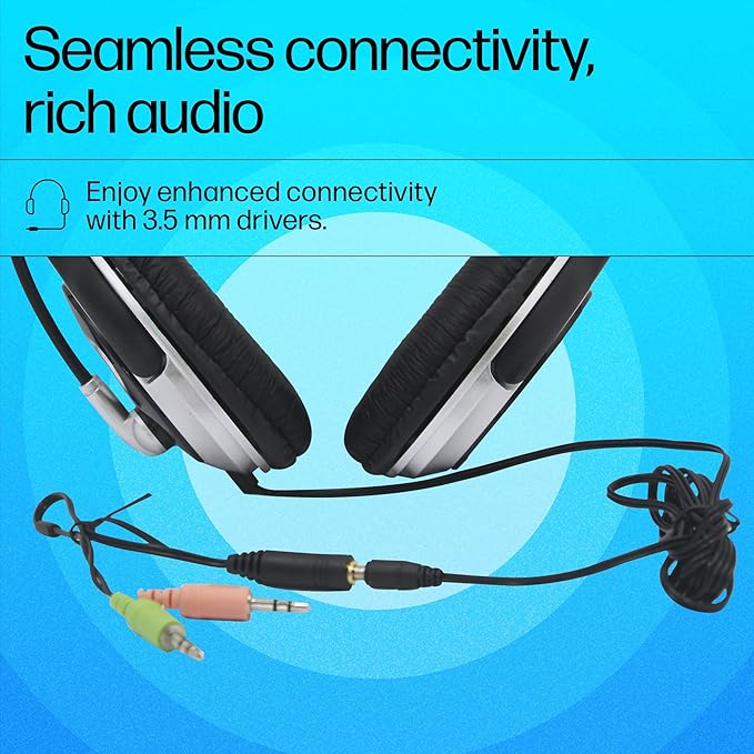 Hp Wired On Ear Headphones With Mic With 3.5 Mm Drivers, In-Built Noise Cancelling, Foldable And Adjustable For Laptop/Pc/Office/Home/ 1 Year Warranty