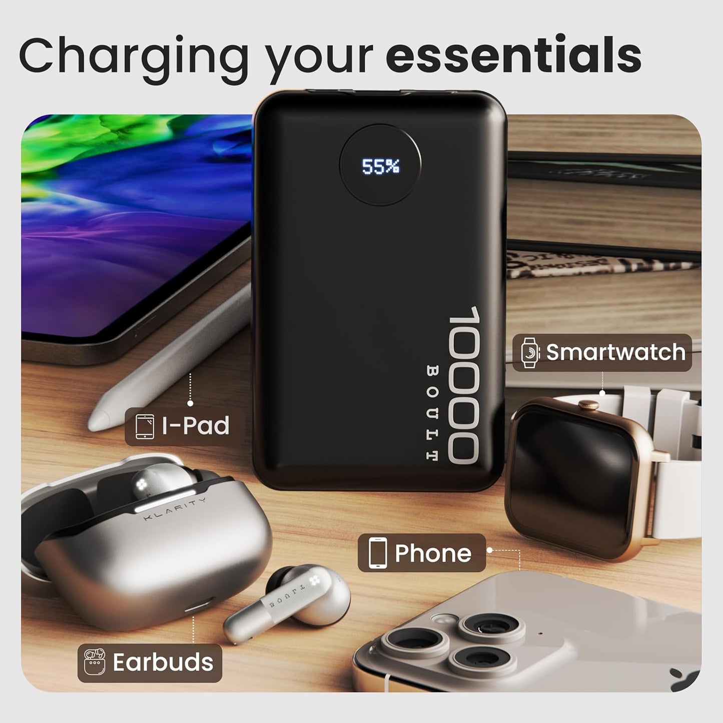 Boult AmpVault v10 Powerbank with 10000 mAh, 22.5W Fast Charging, LED Display, USB & Type C Input/Output, Overcharge Protection, iPhone & Andriod Mobile Power Bank (Jet Black)