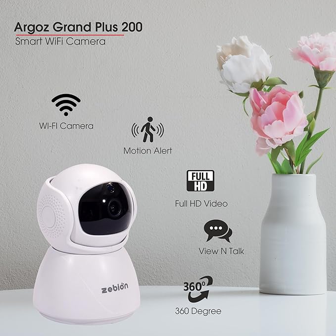 Zebion argoz 200 Full HD WiFi Camera 360 Deg Rotation, 145 Deg Tilting, 64GB Memory Card Slot, Plastic Body,5V Adaptor, WITHMini USB Cable mounting Bracket & Weight: 310 GMS