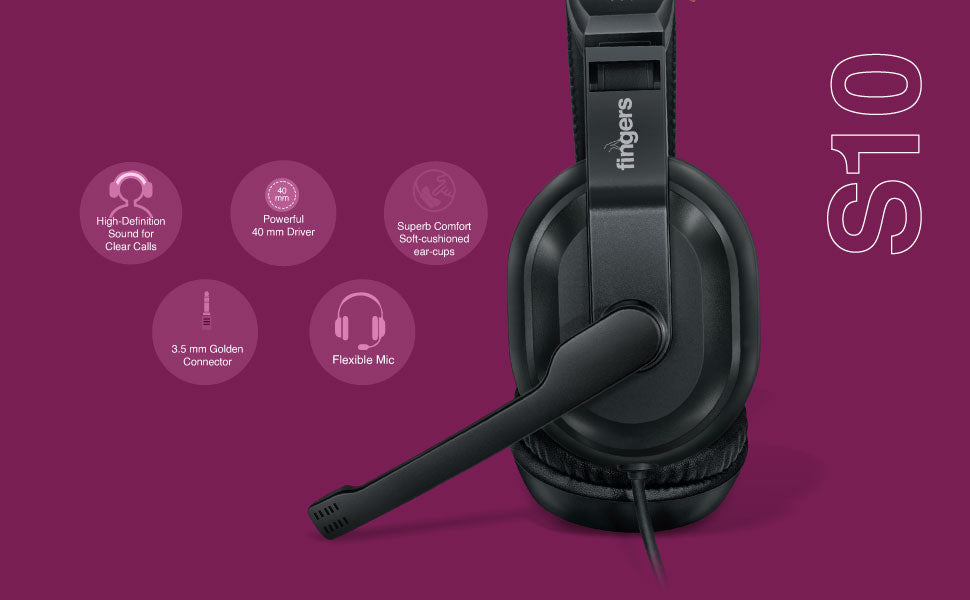 FINGERS S10 Wired Headphone On-Ear with Built-in Adjustable Mic (Crystal Clear Sound, 40 mm Powerful Drivers, Single 3.5 mm Connector for Mobile Phones) - Black