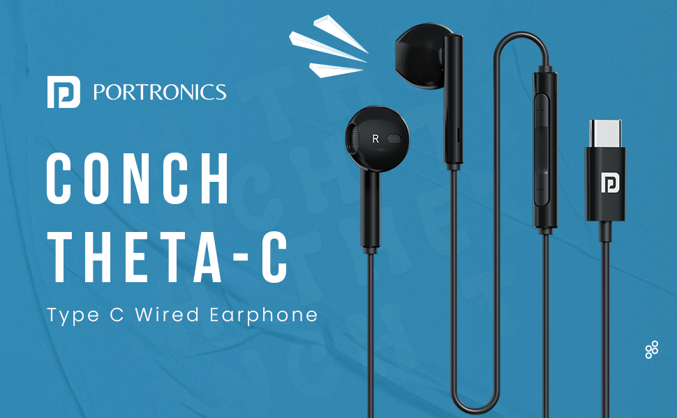 Portronics Conch Theta C in Ear Type C Wired Earphones with in Line HD Mic, Powerful Audio, 14.2mm Driver, Unique Earbuds Design, TPE Anti Tangle Wire, in line Controls, Wide Compatibility(Black)