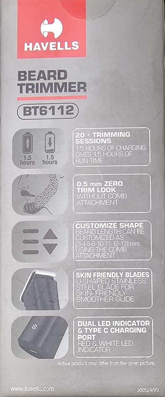HAVELLS BRAND BT6112 BEARD TRIMMER BLACK COLOR SKIN FRIENDLY STAINLESS STEEL BLADES 2 YEARS MANUFACTURER WARRANTY