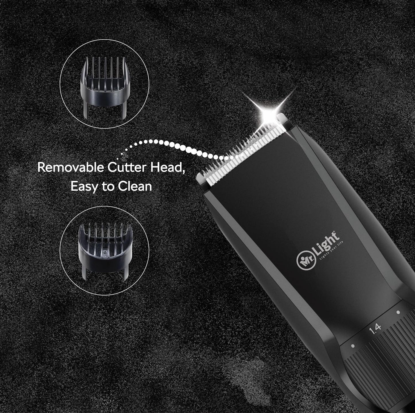 Mr. Light Lights Your Life Rechargeable Hair Trimmer for Men - 20 Adjustable Length, Removable Head, Travel Lock, Power Indicator, Waterproof - Mr6031, Black