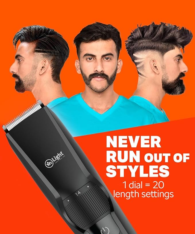 Mr. Light Lights Your Life Rechargeable Hair Trimmer for Men - 20 Adjustable Length, Removable Head, Travel Lock, Power Indicator, Waterproof - Mr6031, Black