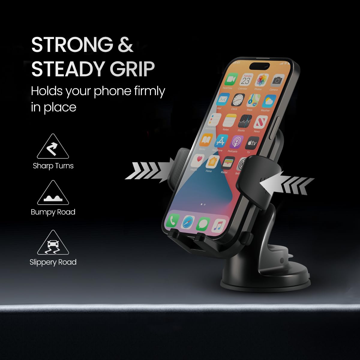 Portronics Clamp M4 Car Phone Holder Stand with 360 Degree Rotation, Strong Grip, Suction Cup Mount, Single Hand Use, Shockproof Build, Mobile Stand for Car (Black)