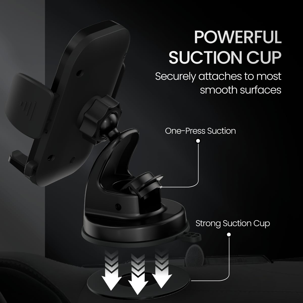 Portronics Clamp M4 Car Phone Holder Stand with 360 Degree Rotation, Strong Grip, Suction Cup Mount, Single Hand Use, Shockproof Build, Mobile Stand for Car (Black)