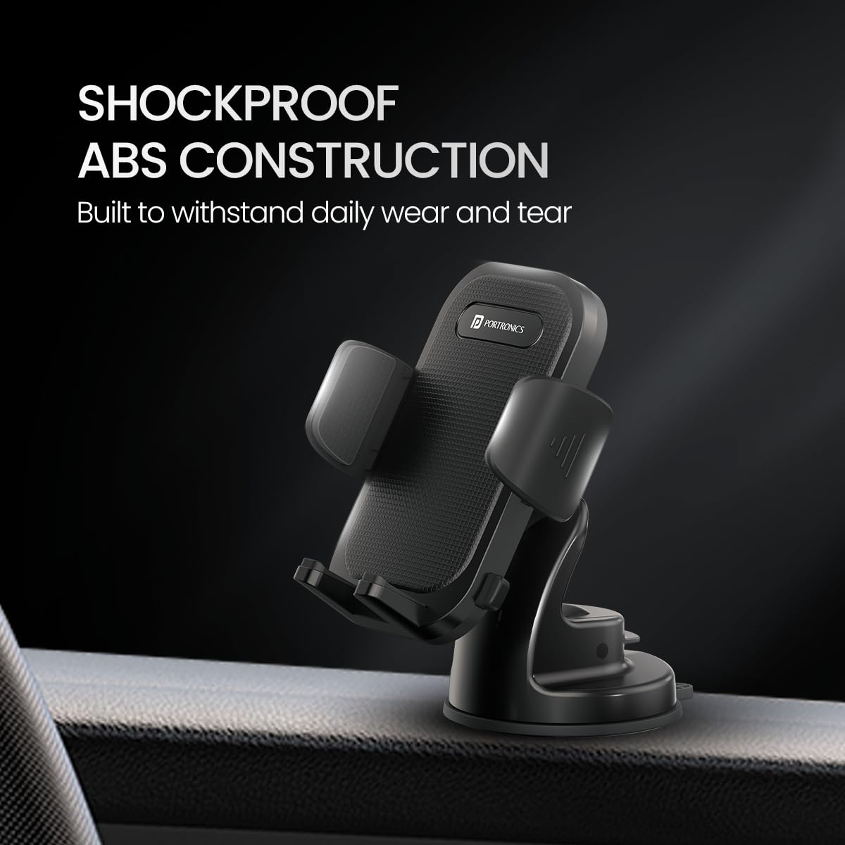 Portronics Clamp M4 Car Phone Holder Stand with 360 Degree Rotation, Strong Grip, Suction Cup Mount, Single Hand Use, Shockproof Build, Mobile Stand for Car (Black)